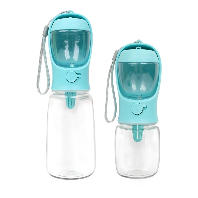 Blue portable dog water bottle with dual drinking and grain compartments