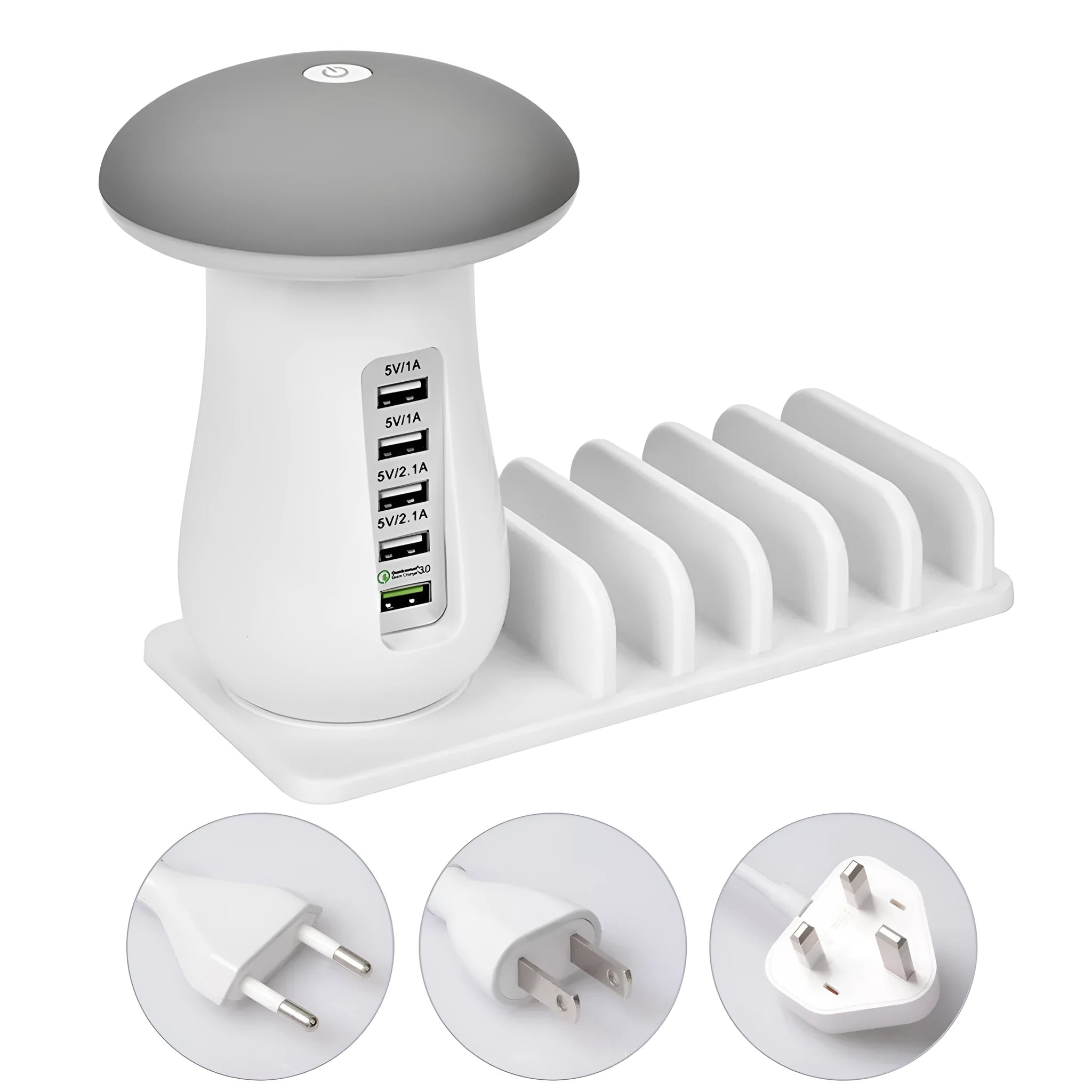 White USB charging dock station with 5 ports and a mushroom-shaped LED night lamp on a desk