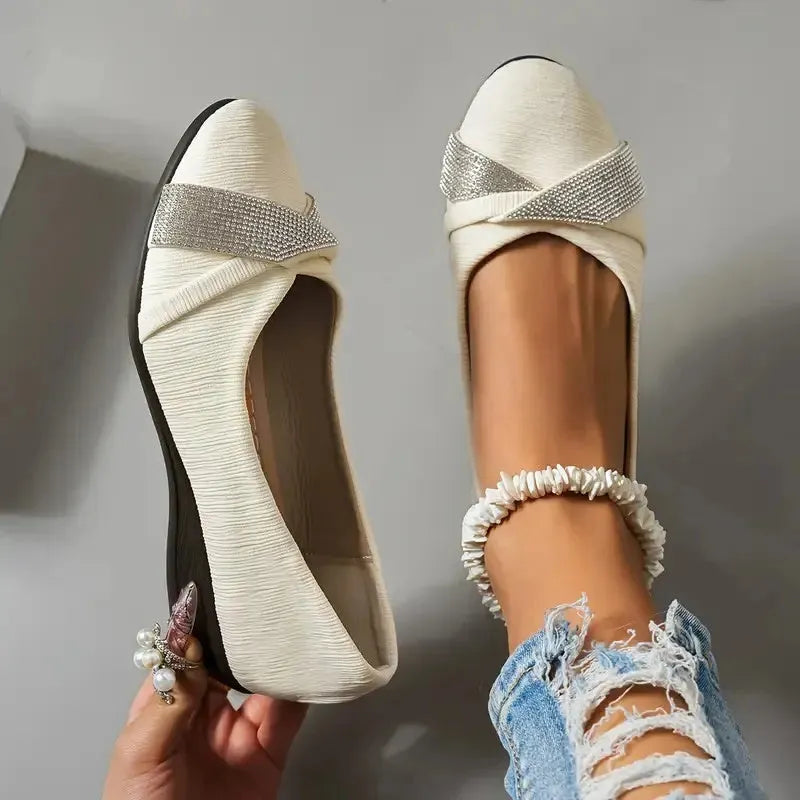 Women's black slip-on casual shoes with rhinestone decoration and 6-8cm chunky heel