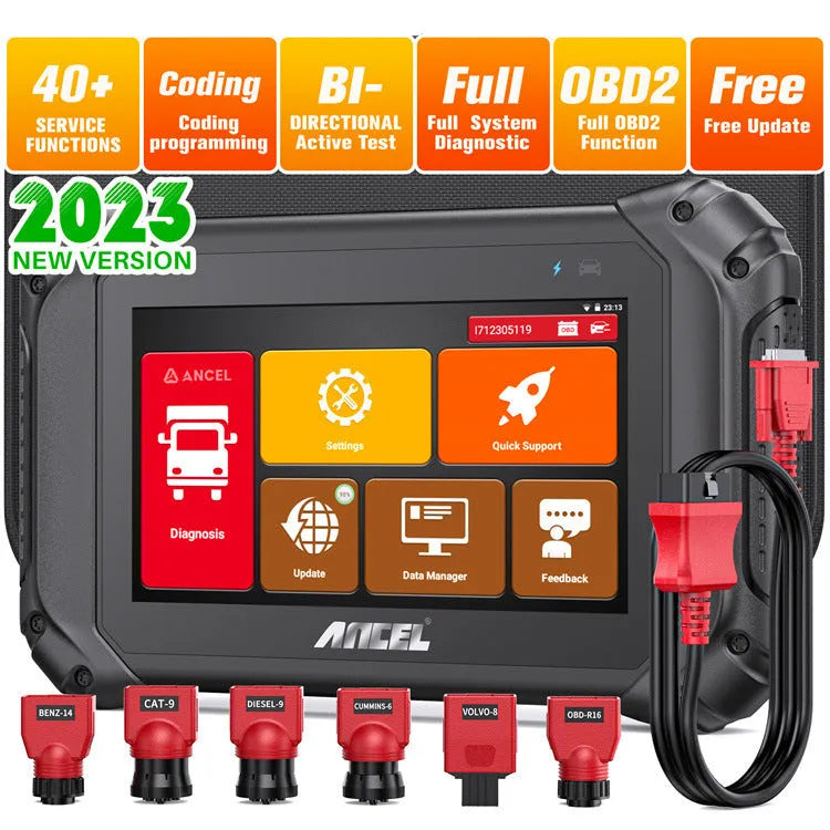 V5HD diesel truck diagnostic tool in black with power plug set including EU UK and US options on a white background