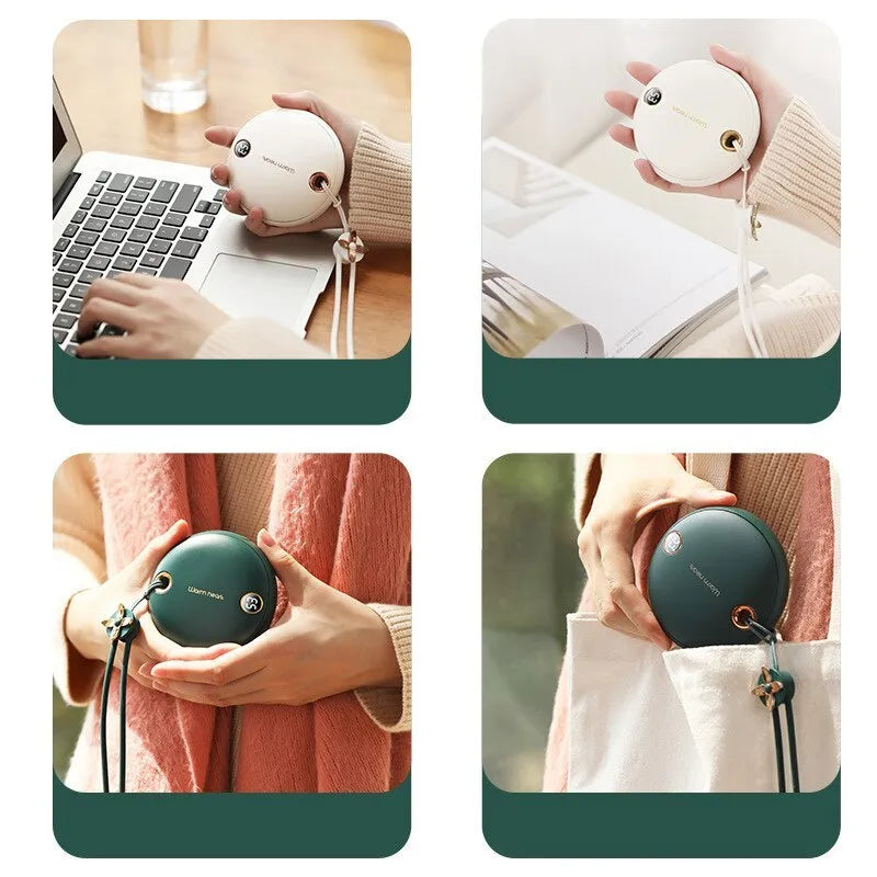Green, pink or white portable power bank with digital display and integrated hand warmer function
