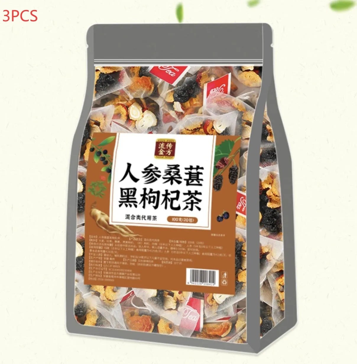 Resealable pouch of ginseng black wolfberry tea with 40 individual tea bags visible