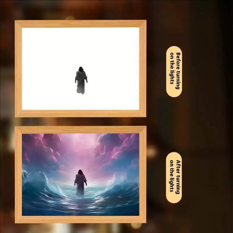 Modern rectangular LED light painting frame showing a sea and home scene on a wall.
