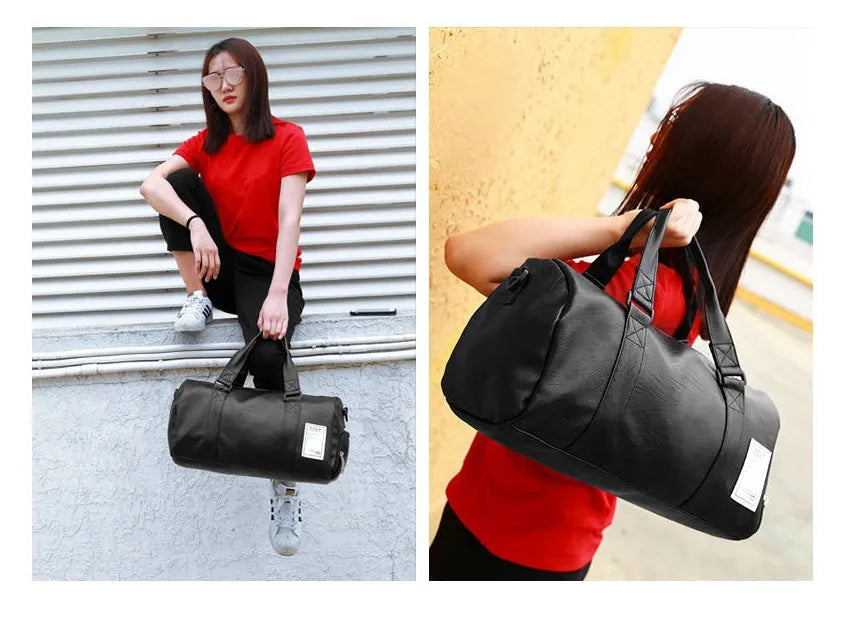 Black waterproof sports bag with diagonal straps and separate shoe compartments in two size options
