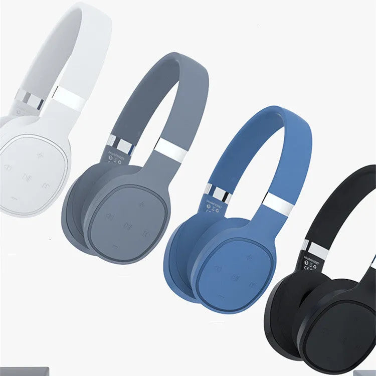 Wireless Bluetooth headset in Black, Blue, Grey, or White colour options showing over-ear design.