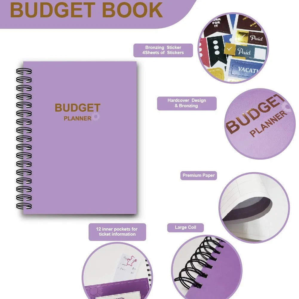 J12 Purple coil-bound monthly financial planning notebook with pen, stickers, and paper clips on a desk.