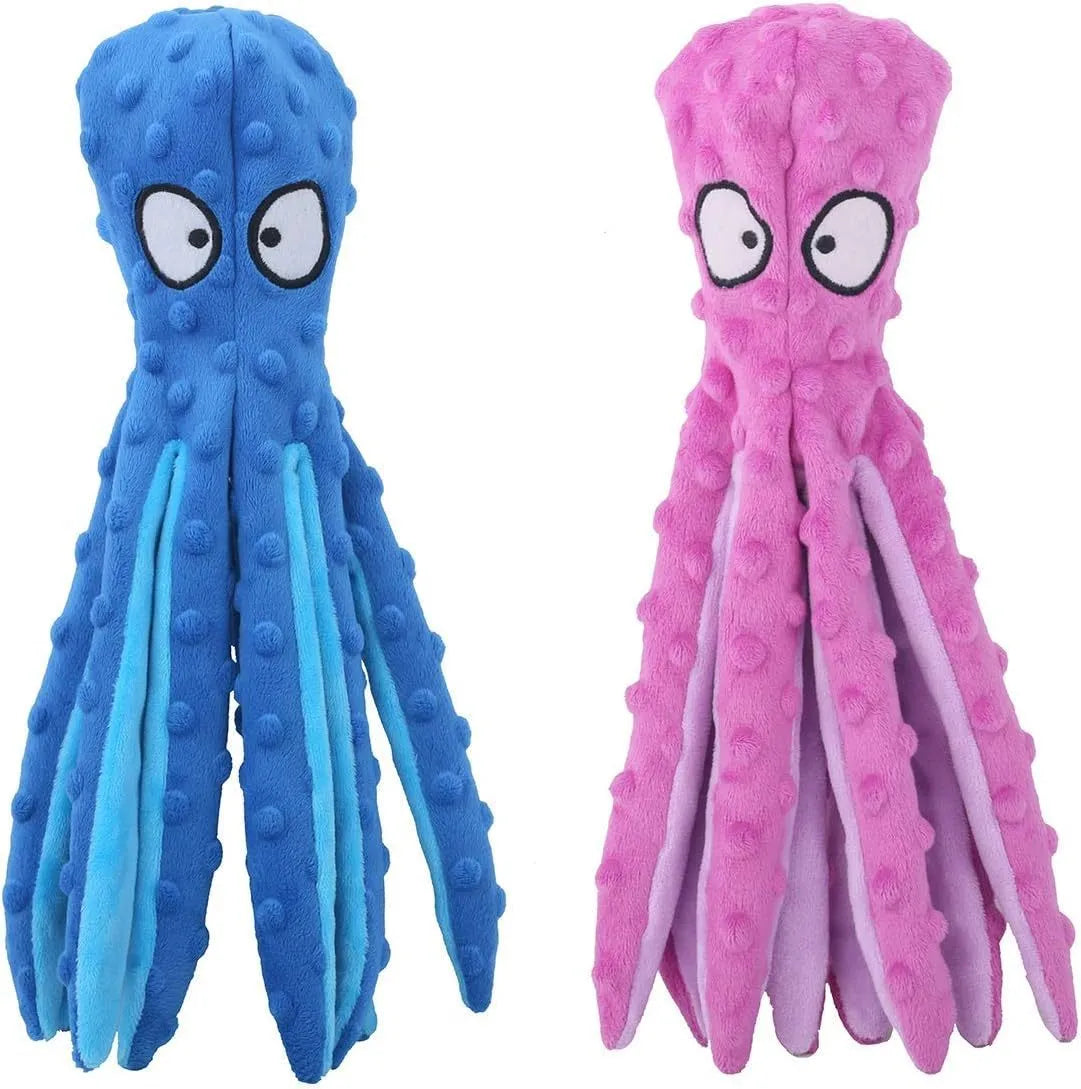 Blue octopus-shaped dog chew toy with crinkle sounds, unfilled construction, bite-resistant mesh material