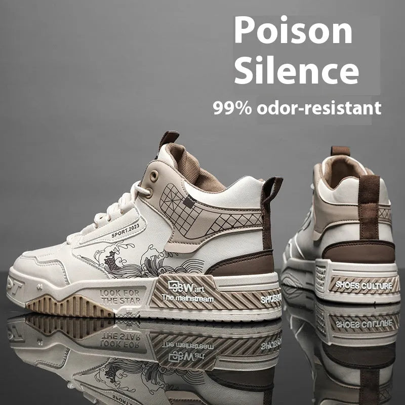 Men's beige board shoes with lace-up front and high-top design on flat rubber soles