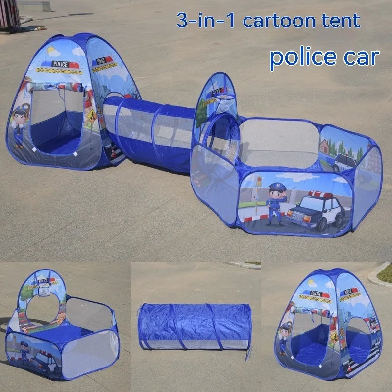 Three-piece children's play tent centre with integrated ball pool and tunnel in colourful cartoon design