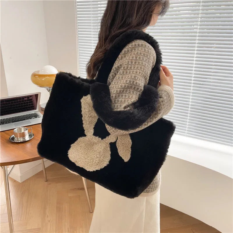 Women's plush tote bag with cartoon rabbit ears design in solid colour