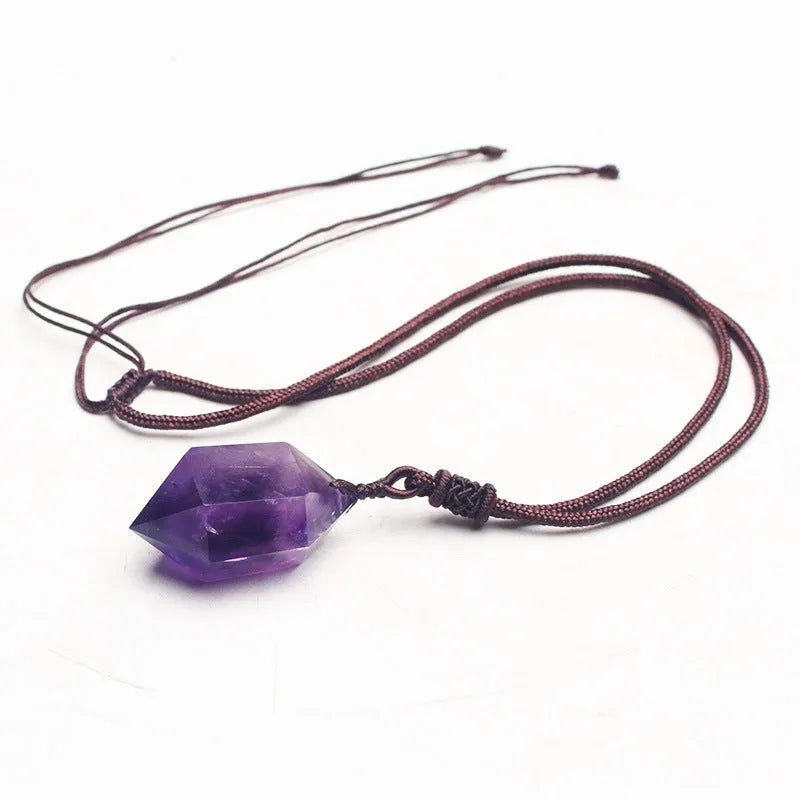 Natural amethyst hexagonal pendant with adjustable chain on purple background