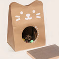 Brown paper bag cat bed with integrated scratch board, dimensions 40 by 30 by 53 cm