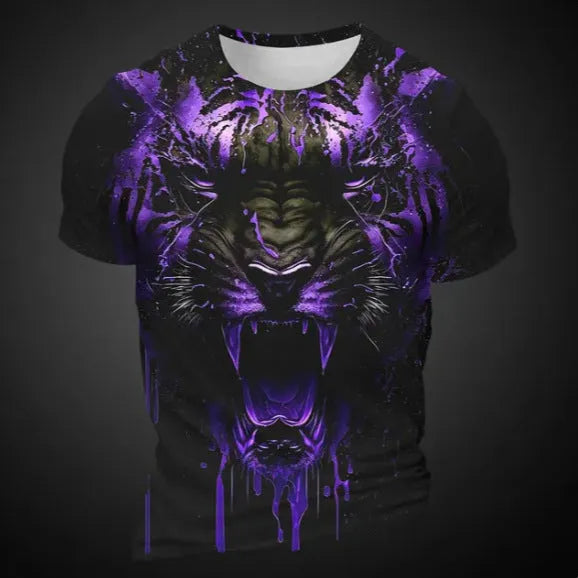 Men's grey T-shirt featuring a detailed 3D tiger head print on the chest, short sleeves.