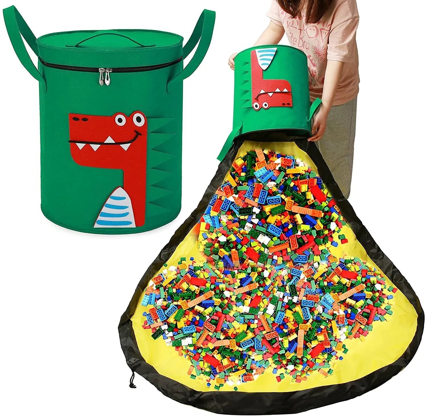 Green cube-shaped felt storage bag with a pull rope, shown as a toy organiser and play mat.