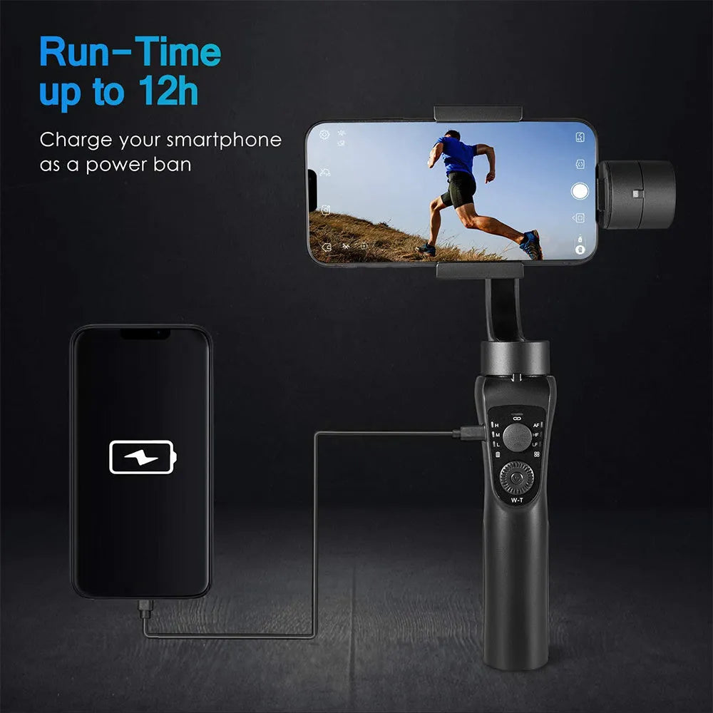 Black three-axis phone gimbal stabilizer with tripod accessory on table