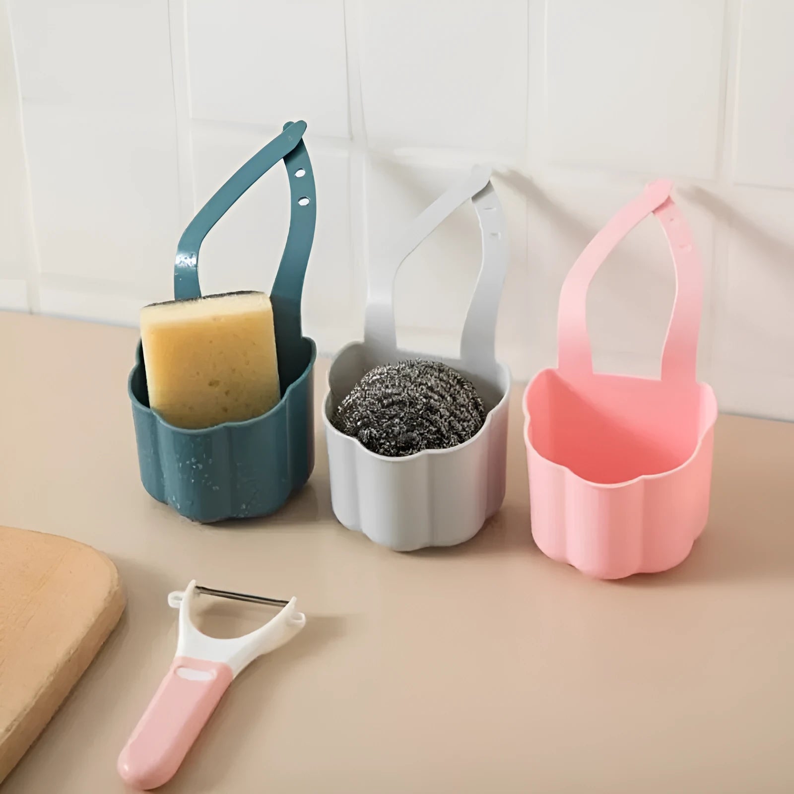 Plastic sink drain basket in dark blue colour showing 20cm length and 10cm width dimensions