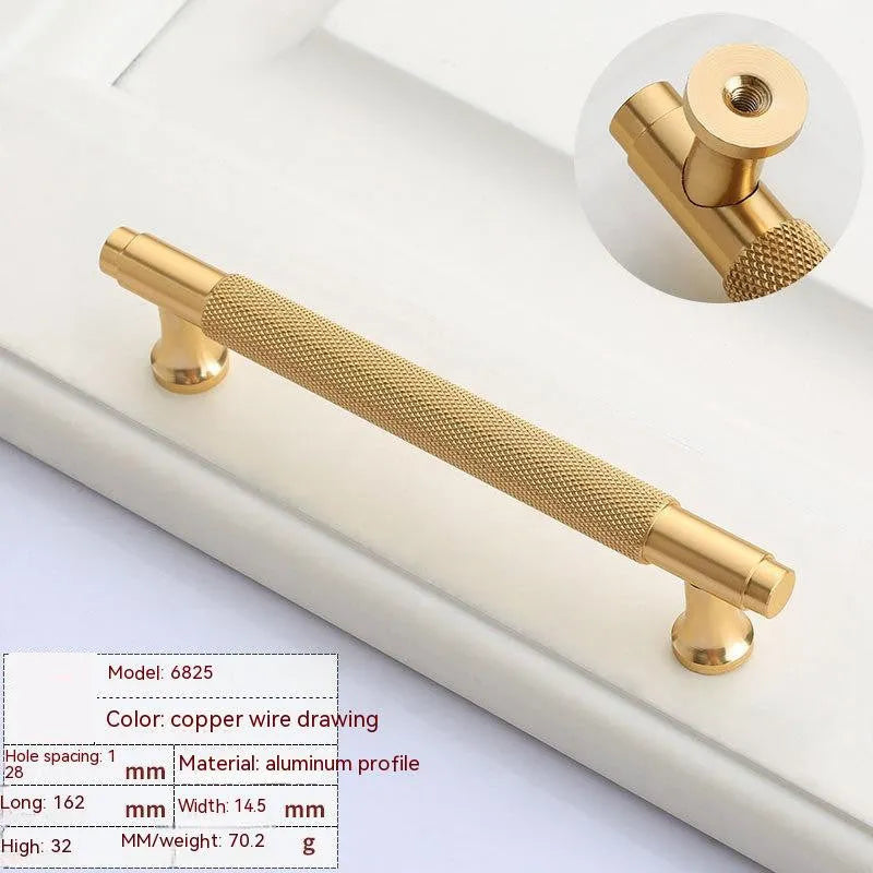 Brushed brass aluminium alloy cabinet handle with visible screw holes for mounting.