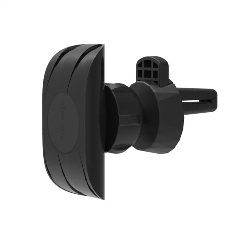 Black car phone holder clipped onto vehicle air vent with phone securely mounted