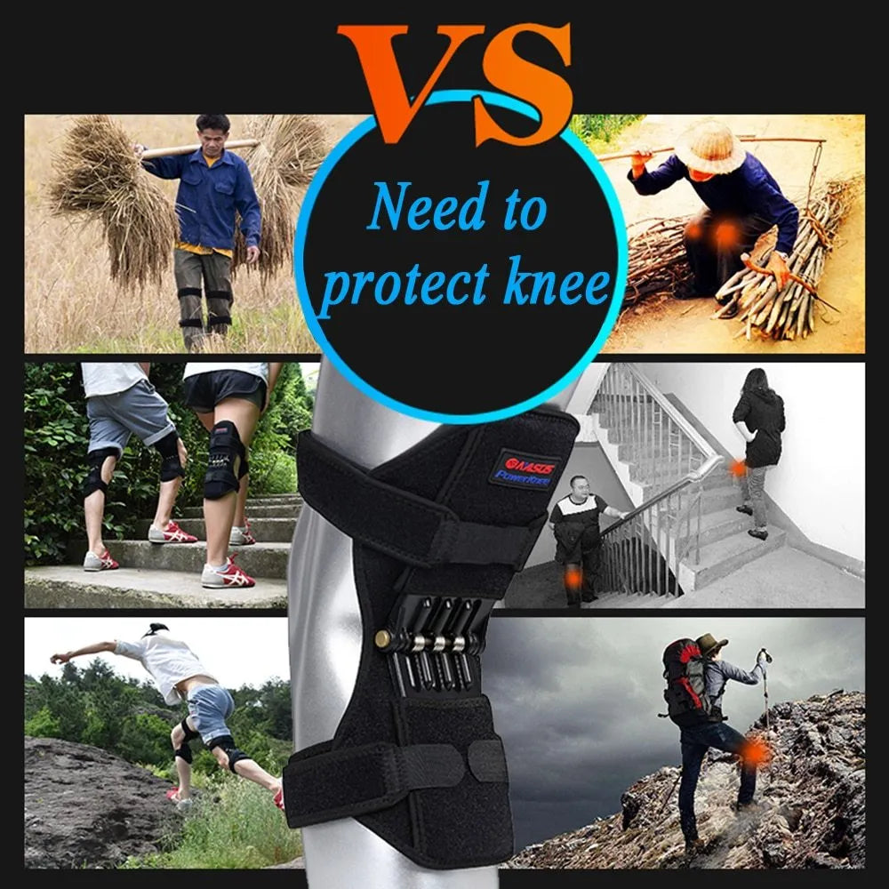 Black adjustable knee brace with patella support and visible booster spring mechanism for sports.
