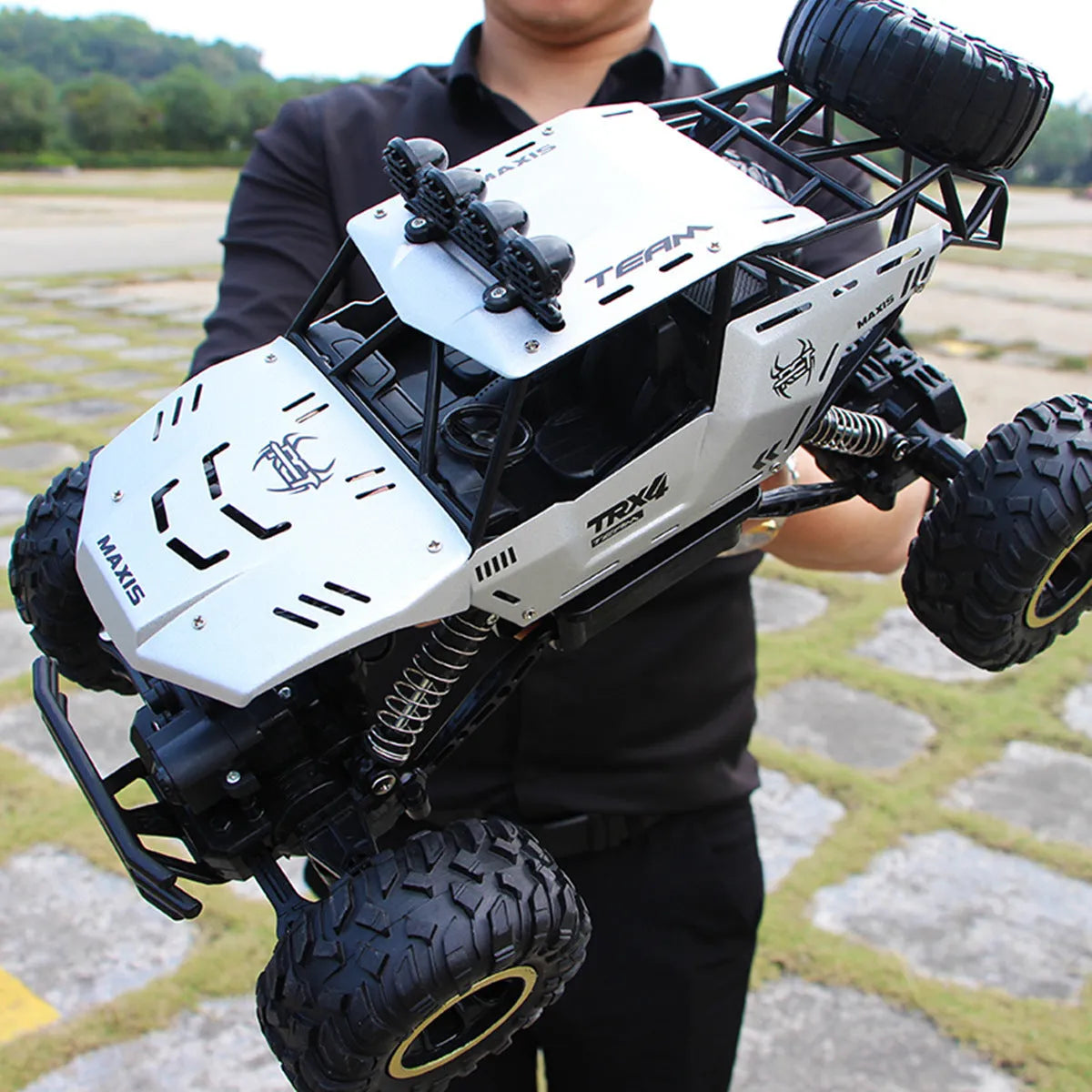 Black and silver 4WD remote control off-road climbing cars on rough terrain showing two size options.