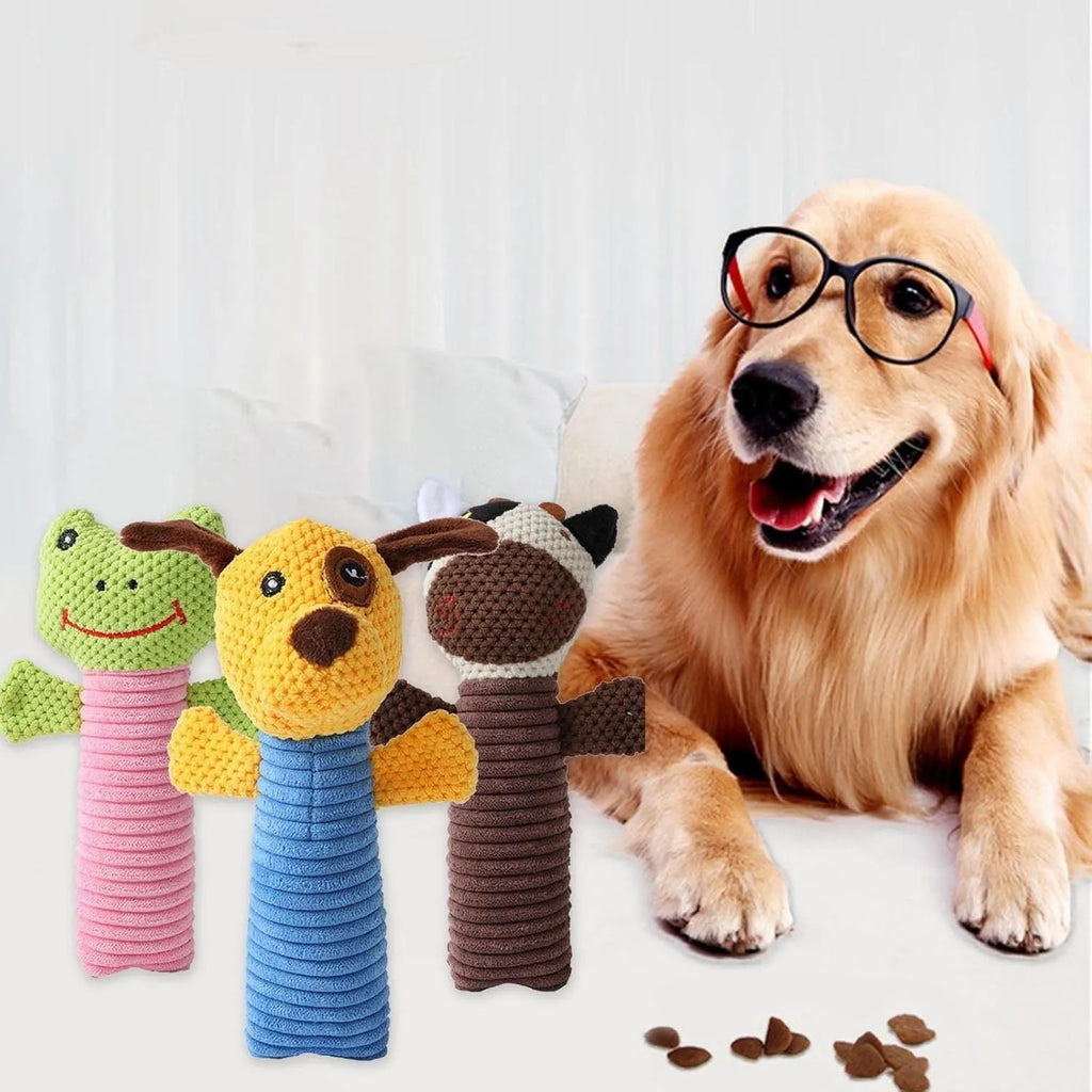 Soft plush dog squeaky chew toy in animal shapes including a calf, frog, and puppy, shown with scale for its 19cm by 5cm size.