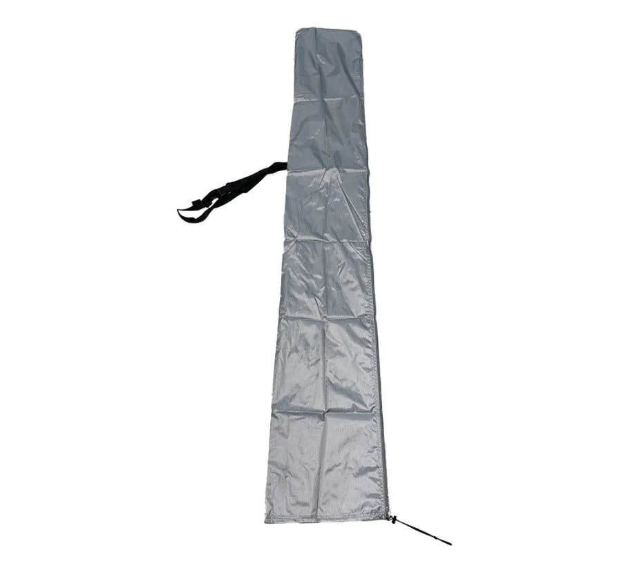Grey Oxford cloth banana-shaped cover for an offset patio umbrella.