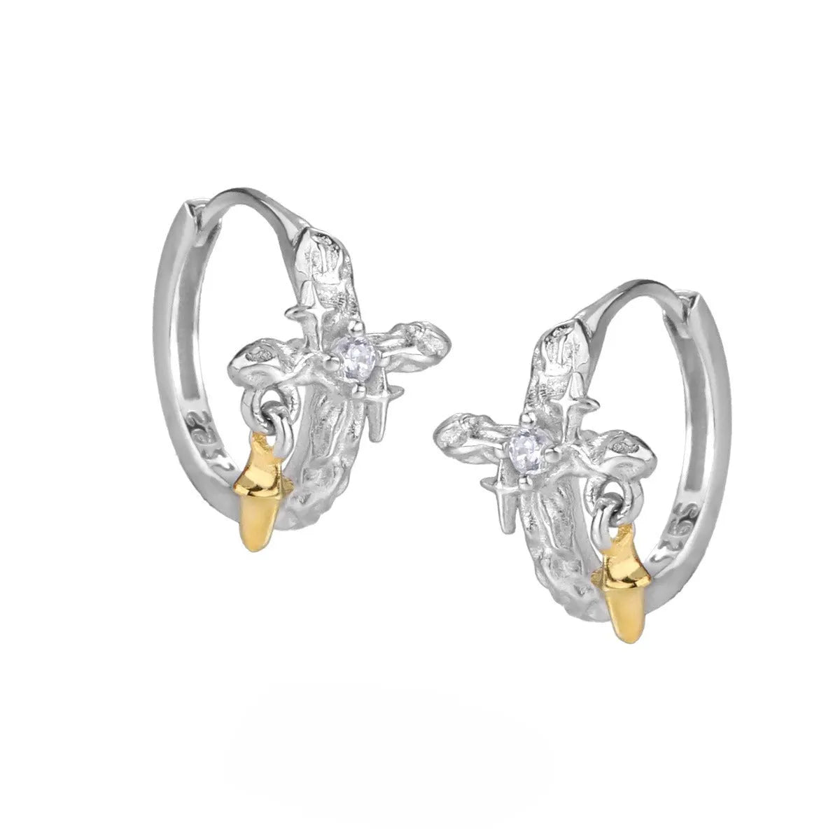 925 silver geometric cross earrings with white gold colour electroplating and round elements