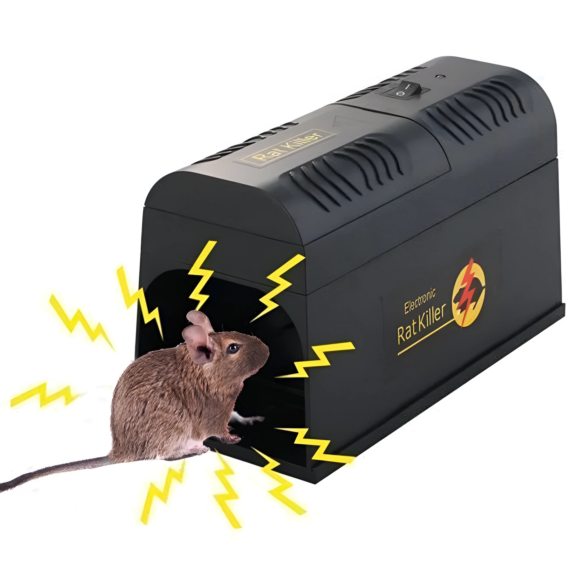 Black high voltage electronic rodent killer unit with choice of UK, EU, or US plug types.