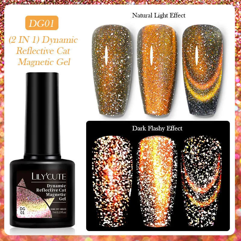 Cat eye effect nail polish gel bottle with diamond glitter in one of six colour styles