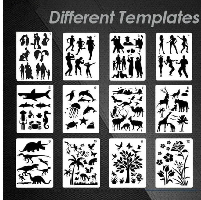 Set of white plastic drawing stencils with assorted cut-out patterns for crafts and decoration.