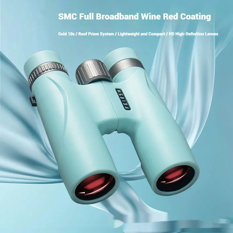 Compact wine red finish binoculars with 10x32 magnification shown in grey and blue colour options