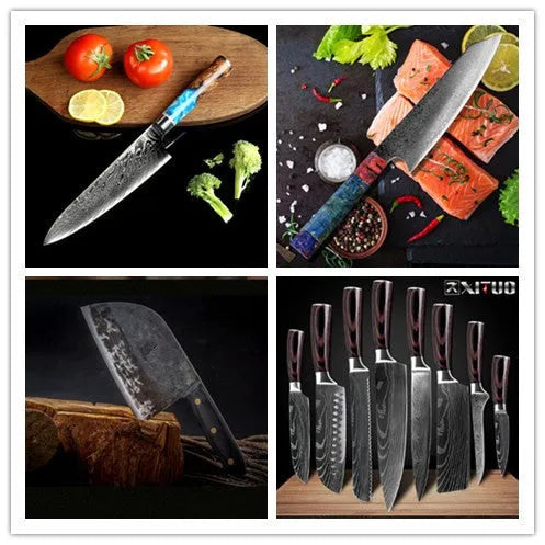 Eight-piece kitchen knife set in a black block with additional damascus steel and high carbon steel knives