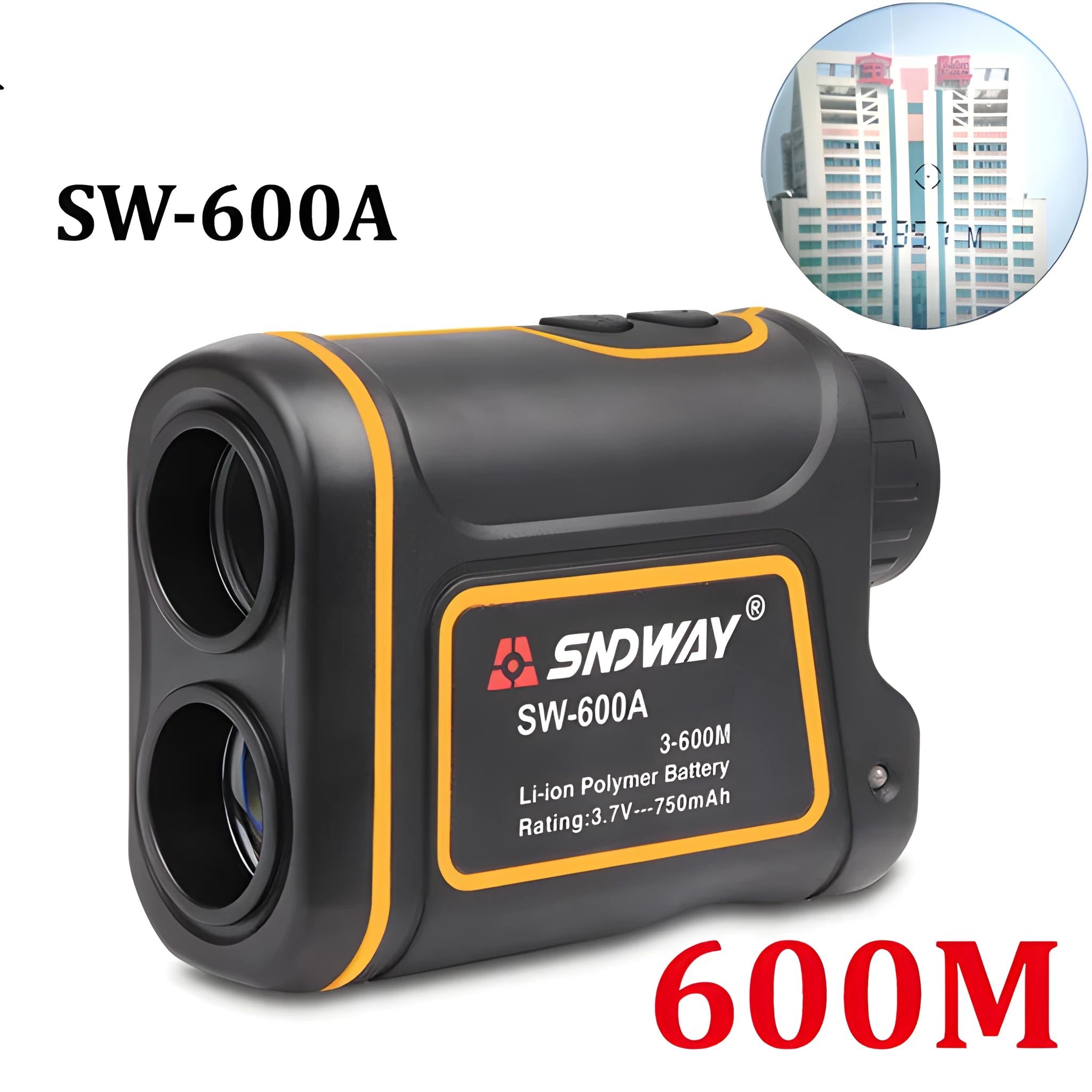 Black handheld golf laser rangefinder unit showing compact size and display.