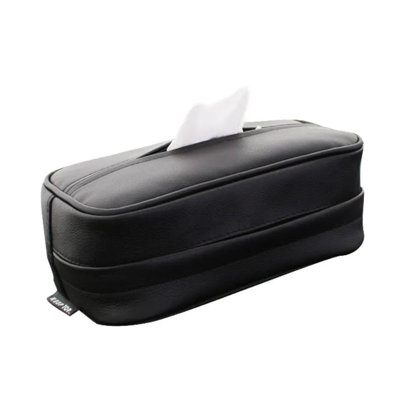 Black PU leather hanging storage bag with hook for car or home organisation