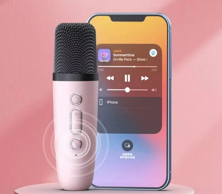Portable white Bluetooth speaker with microphone and coloured LED lights for karaoke and outdoor use.