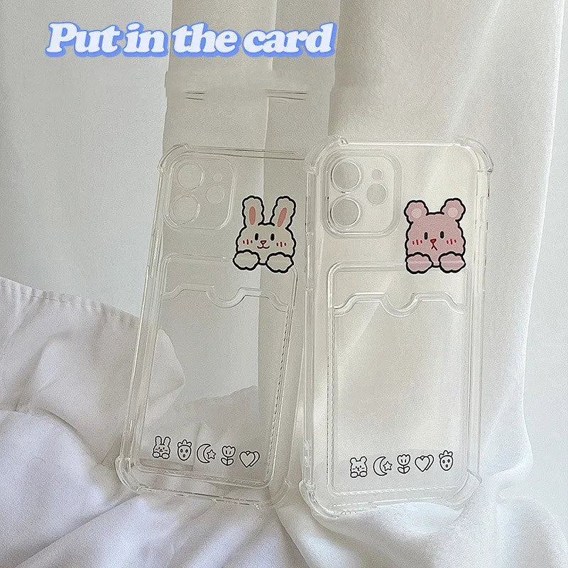 Transparent cartoon printed iPhone case with card holder slot on back