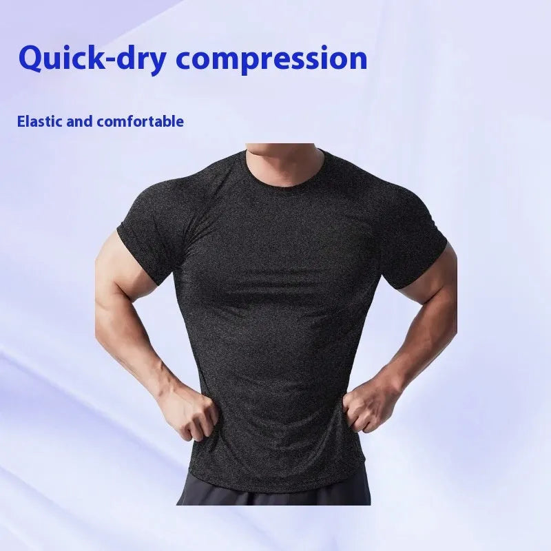 Men's grey quick-dry stretch casual short sleeve t-shirt on a hanger.