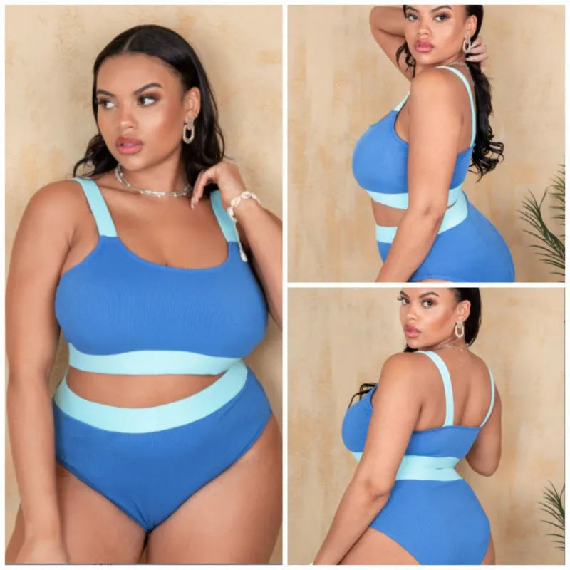 Women's high-waist polyester bikini in solid colour with stitching details, shown in extended sizes