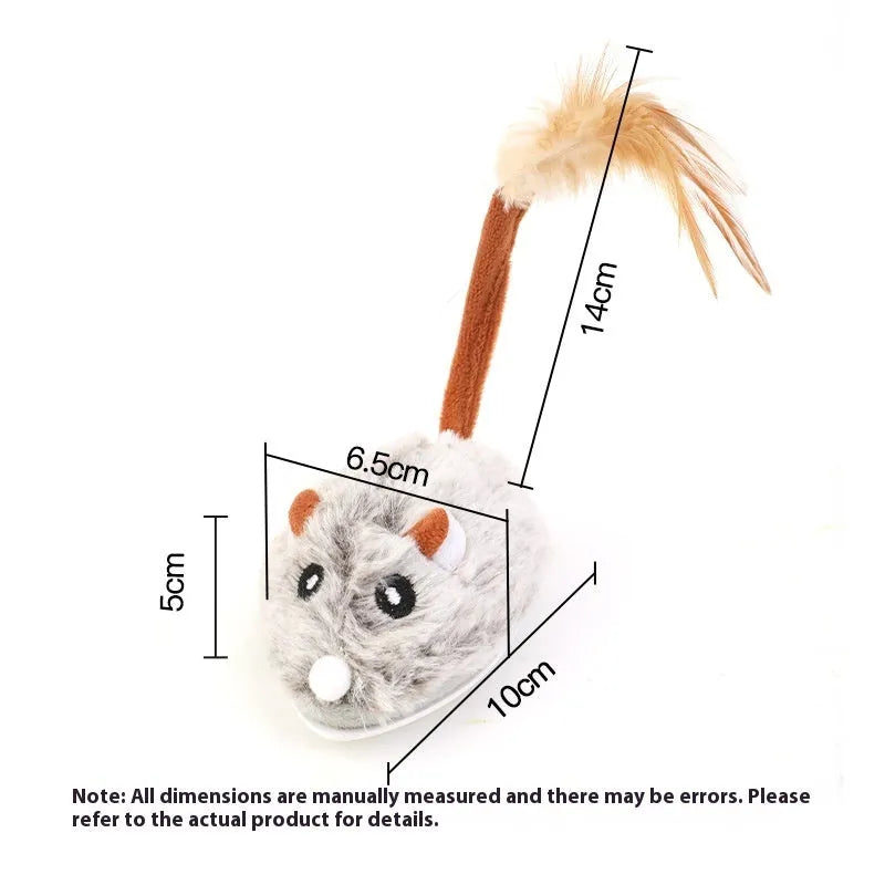 Electric cat toy with moving plush mouse on adjustable pole in pink, dark grey, or purple colours