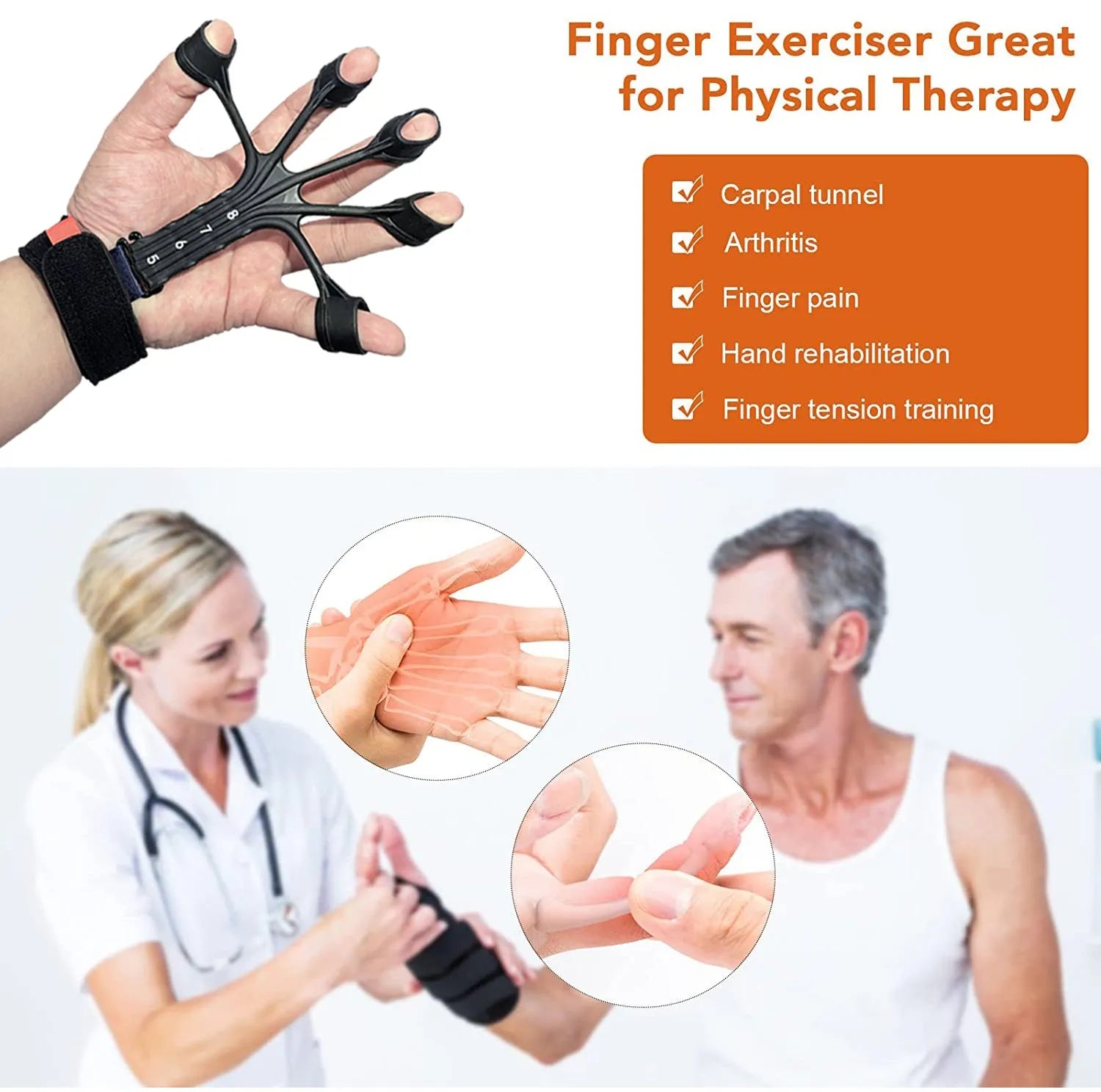 Black and grey silicone finger trainer tension rope with adjustable belt for rehabilitation.