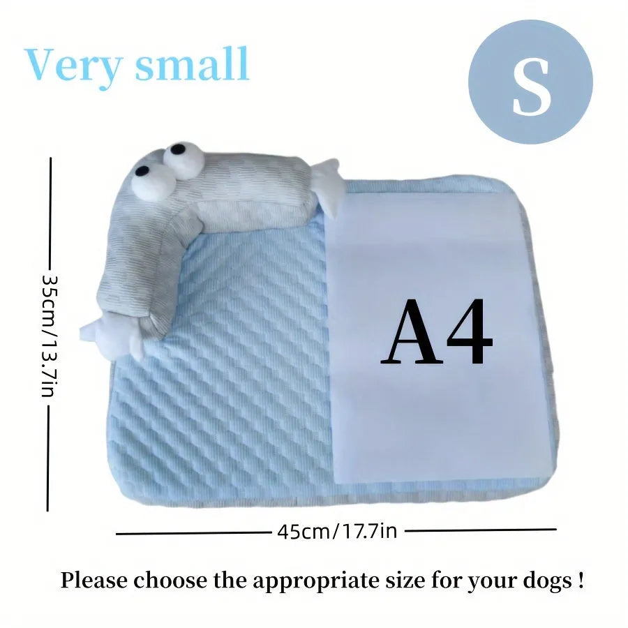 Blue pet bed with big-eyed monster design for dogs and cats, showing non-slip base and breathable fabric.