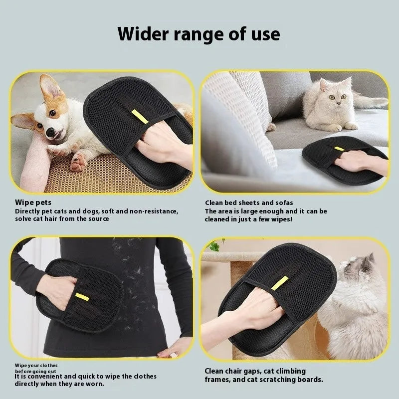 Black pet hair remover mitt with silicone bristles for dog and cat grooming