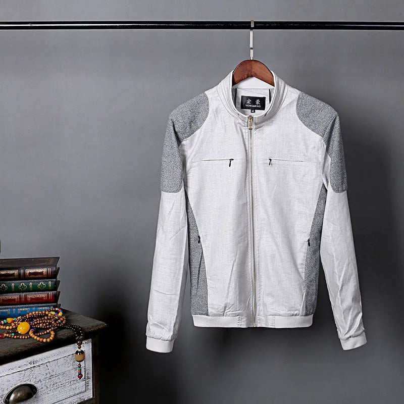 Men's heather gray cotton linen jacket in a regular fit on a hanger.