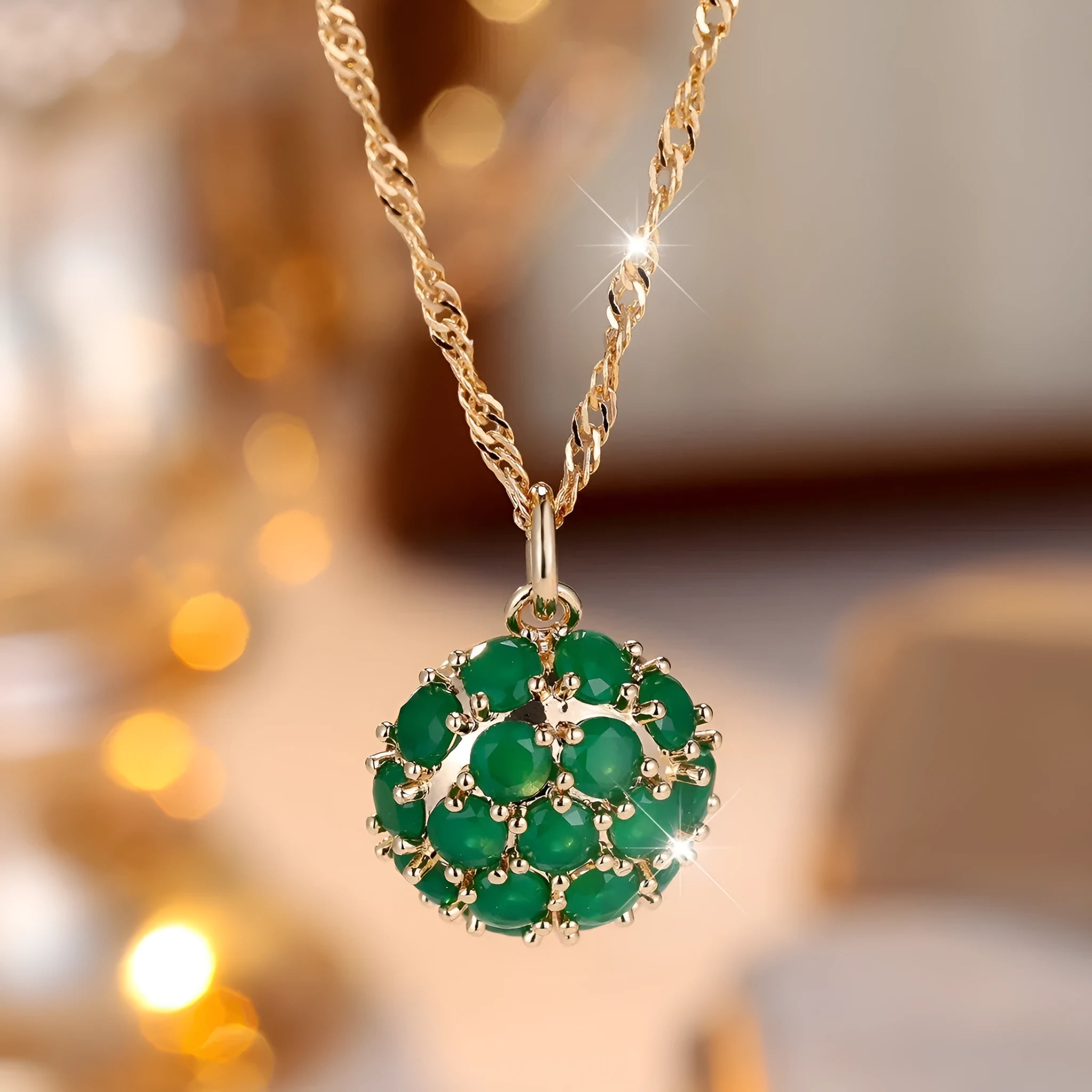 Champagne gold round emerald and diamond pendant necklace on a copper chain