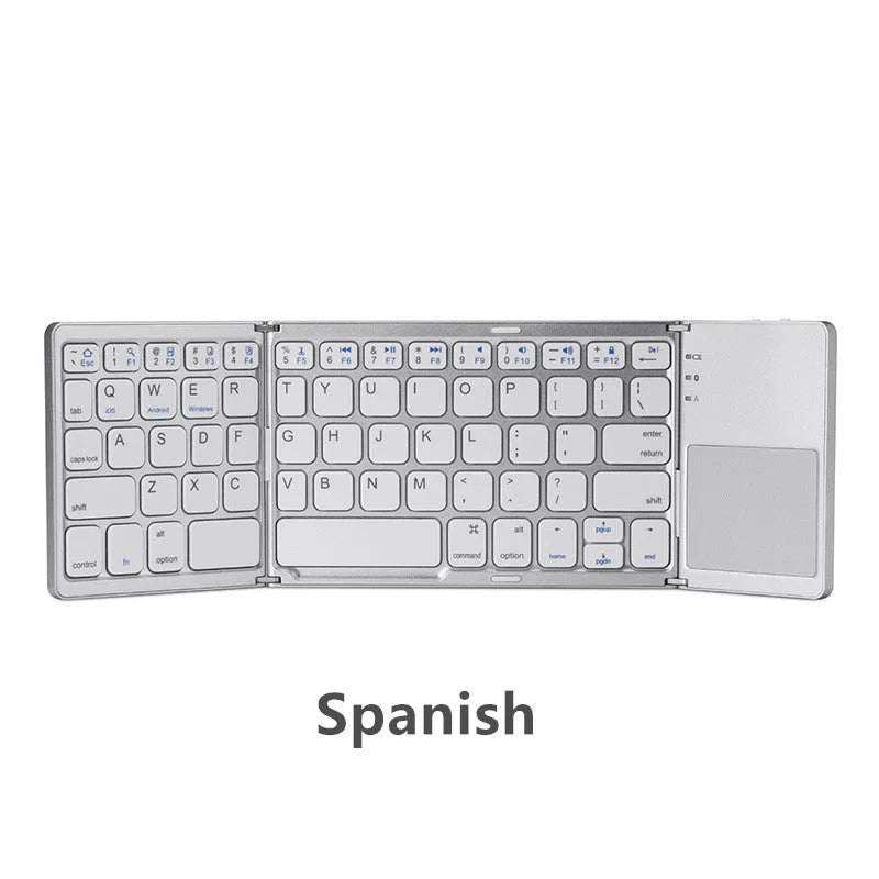 Black tri-fold folding Bluetooth keyboard with touchpad shown open and closed, next to a mobile phone.