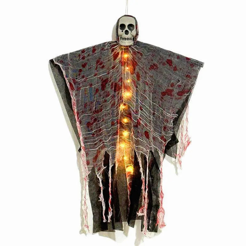 Plastic Halloween decoration of a luminous blood-dyed skull hanging ghost with string