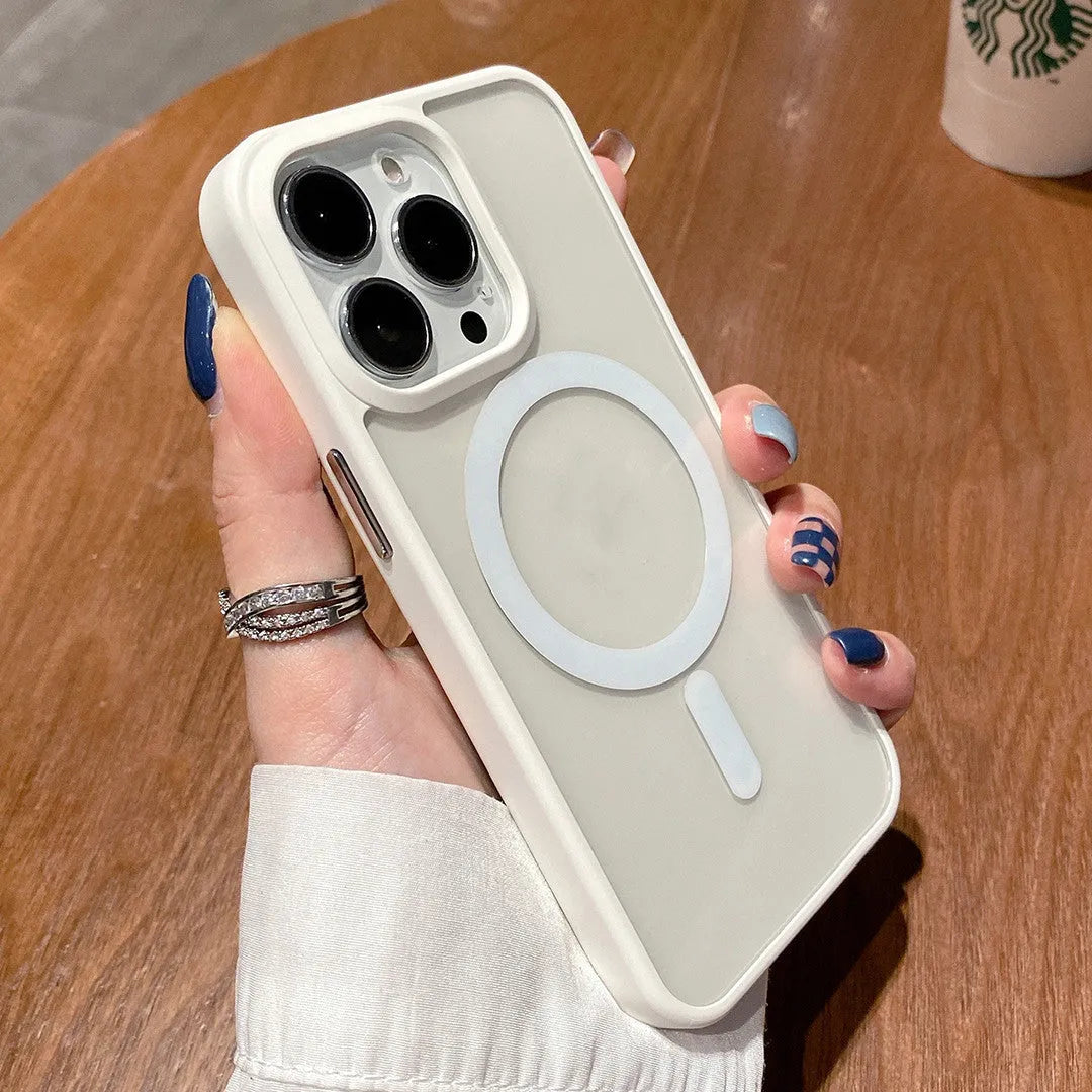 Transparent acrylic MagSafe phone case for iPhone showing magnetic ring and colour options
