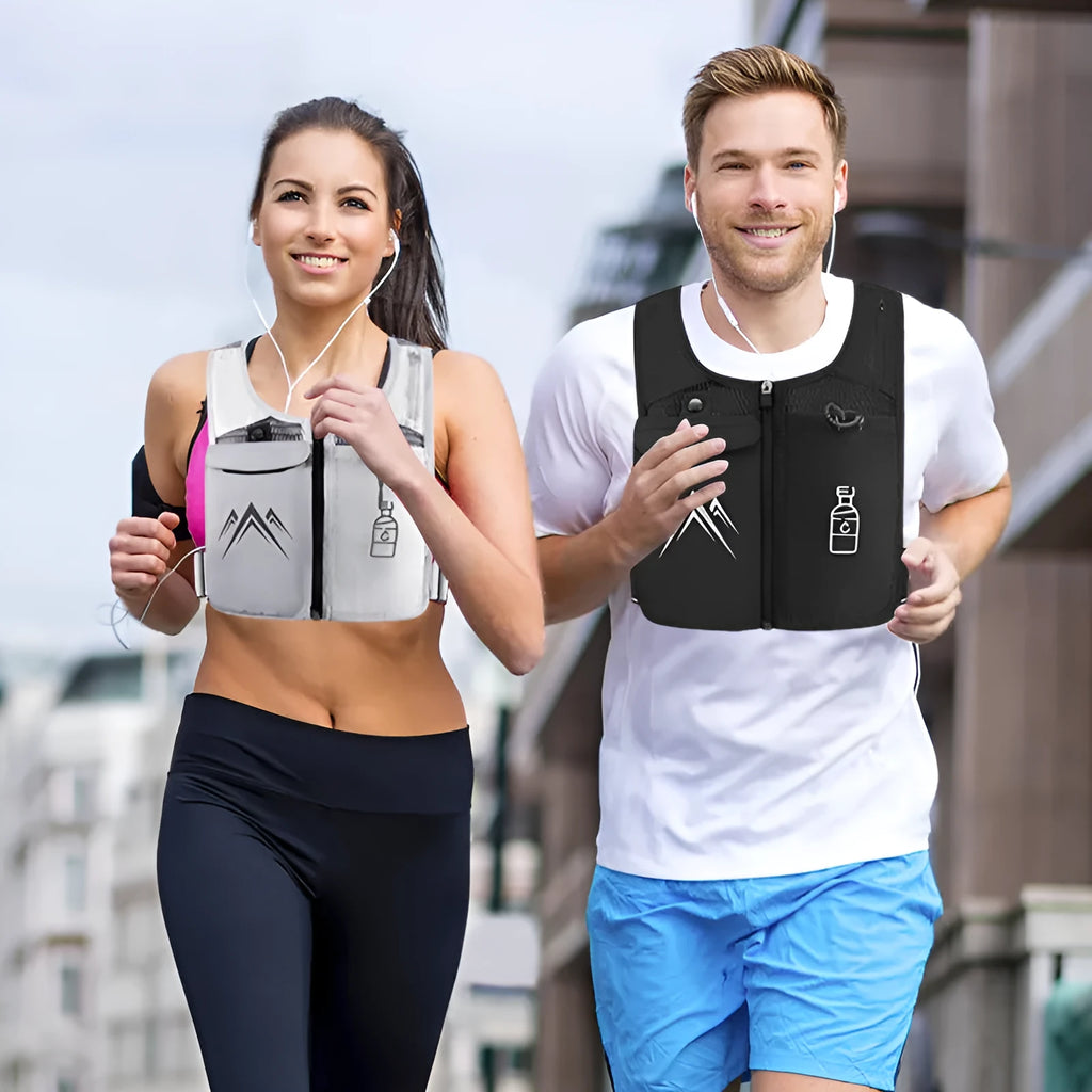 Black breathable mesh sports running vest with a front mobile phone pocket.
