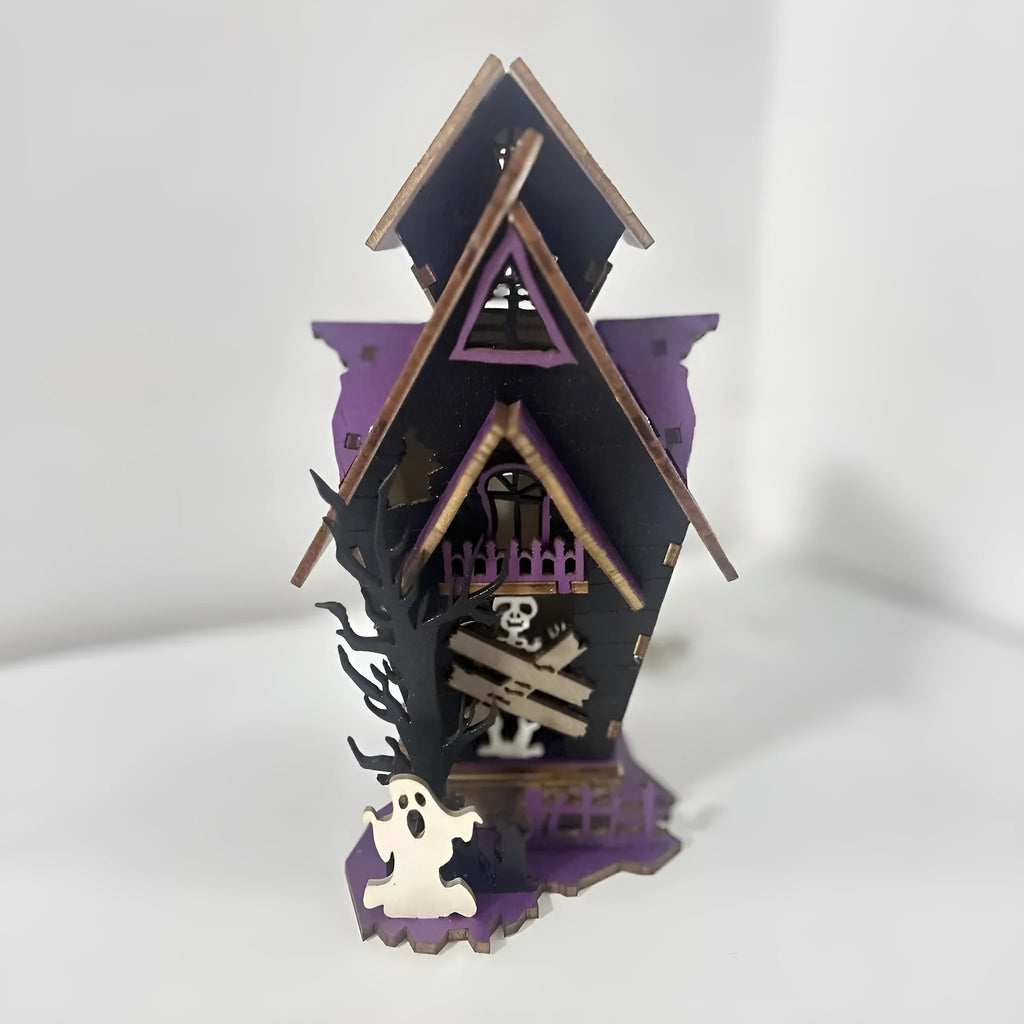 DIY wooden glowing haunted house Halloween decoration with candlestick holder, shown at 14x10.5x19cm size.