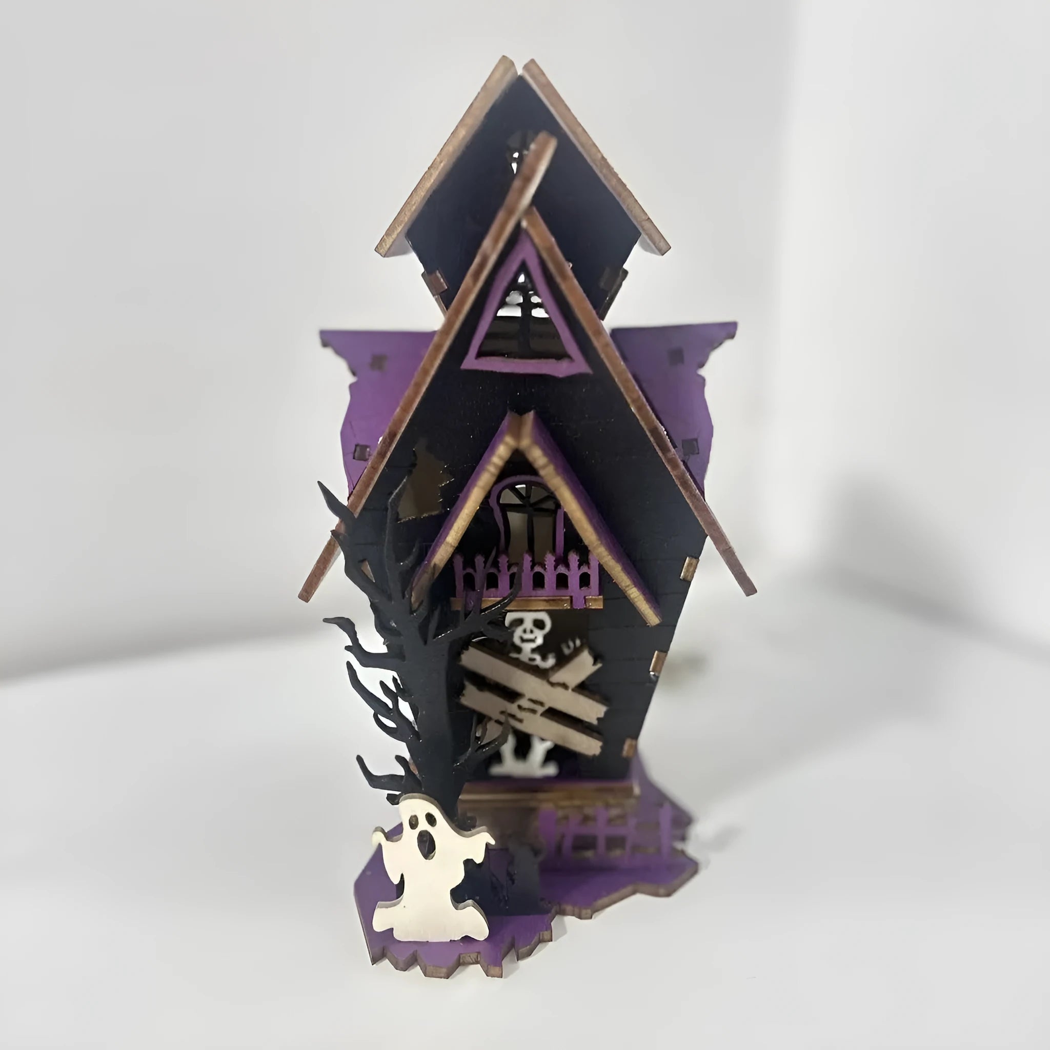 DIY wooden glowing haunted house Halloween decoration with candlestick holder, shown at 14x10.5x19cm size.